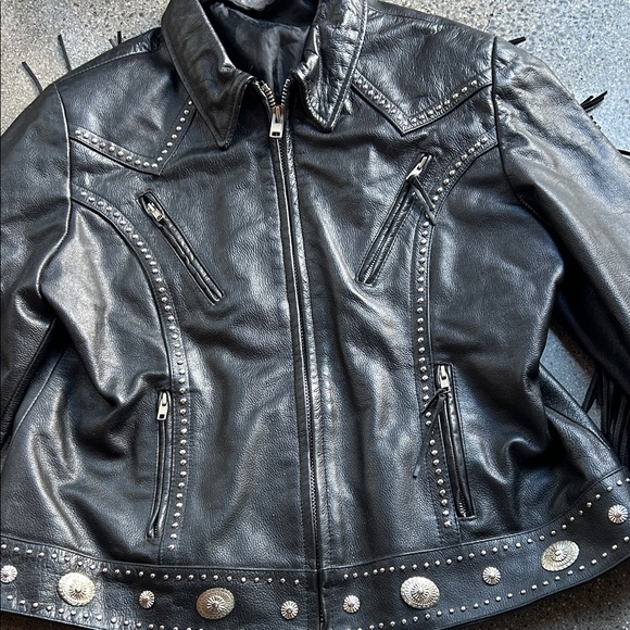 Black Fringe Leather Jacket with Studs - Picture 8 of 9